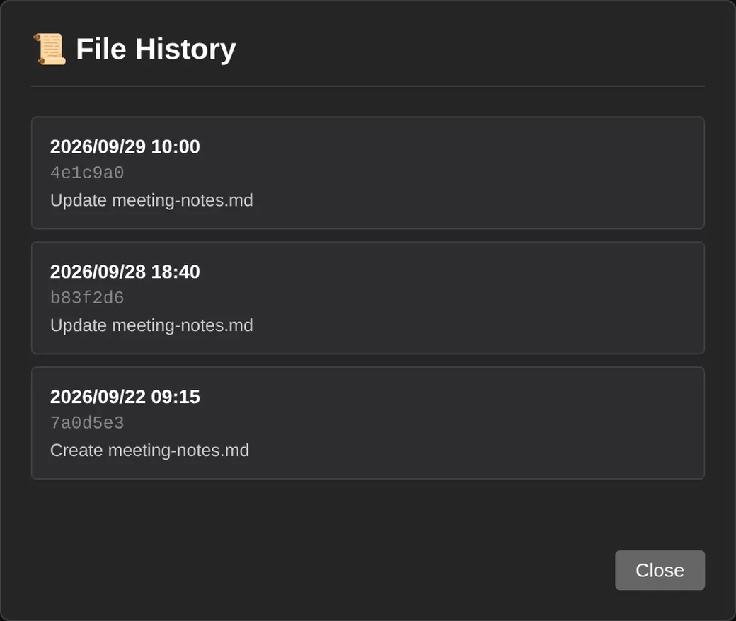 meeting-notes.md のファイルの履歴: 保存するたびに、日時とメッセージつきのコミットとして並ぶ