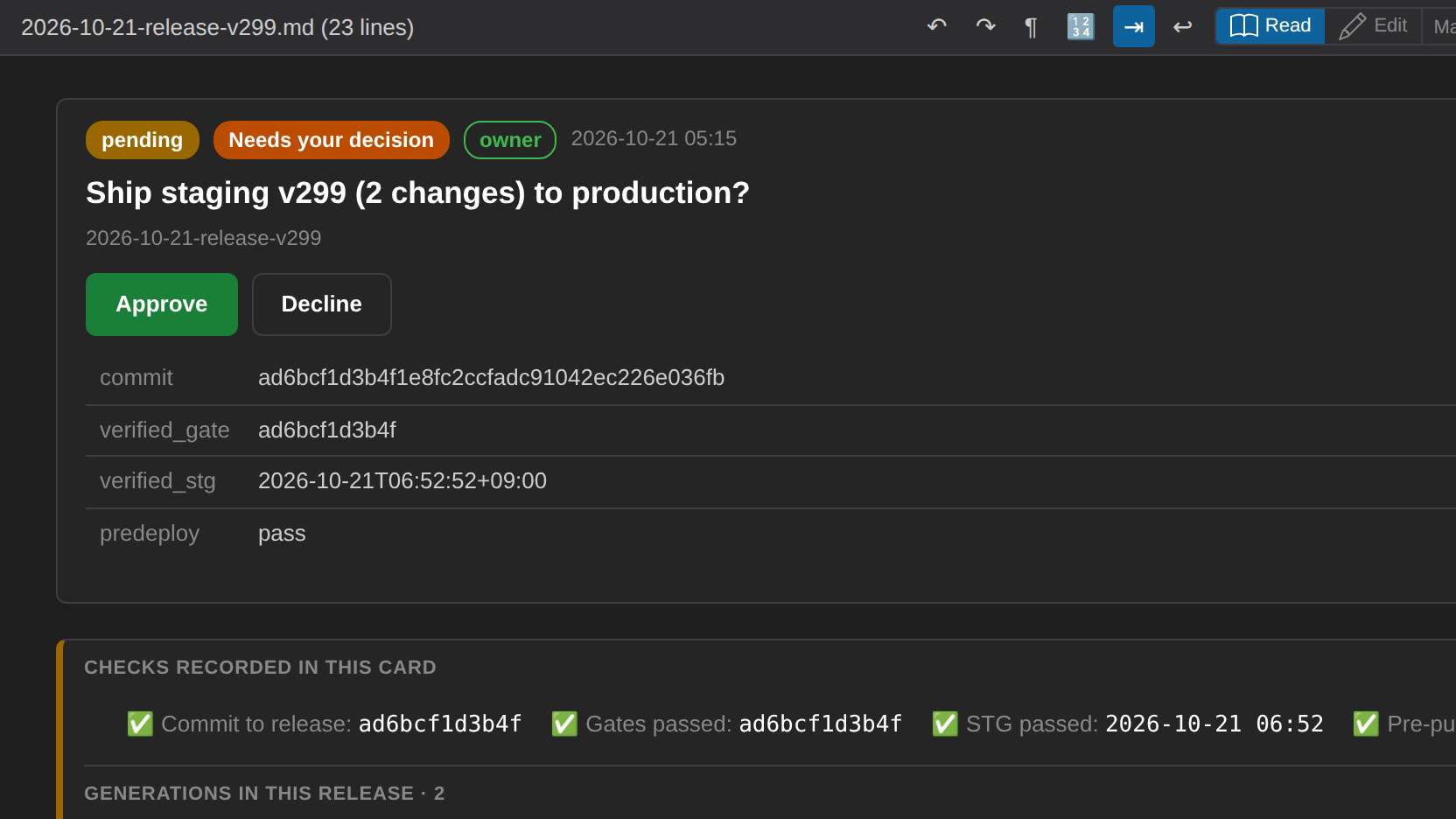 A release card in PlainHub waiting for a person: Approve or Decline, the work it includes and the checks it passed